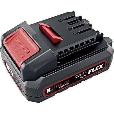 Black and red FLEX Lithium Power 12V 2.5Ah rechargeable battery pack with slide-on connector<br>