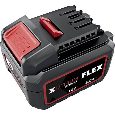 Black and red 12V 5.0Ah lithium power tool battery pack labeled 'FLEX X Lithium Power'<br>