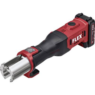 Cordless FLEX handheld cutting tool with a cylindrical metal head and red-black body, shown on a white background.