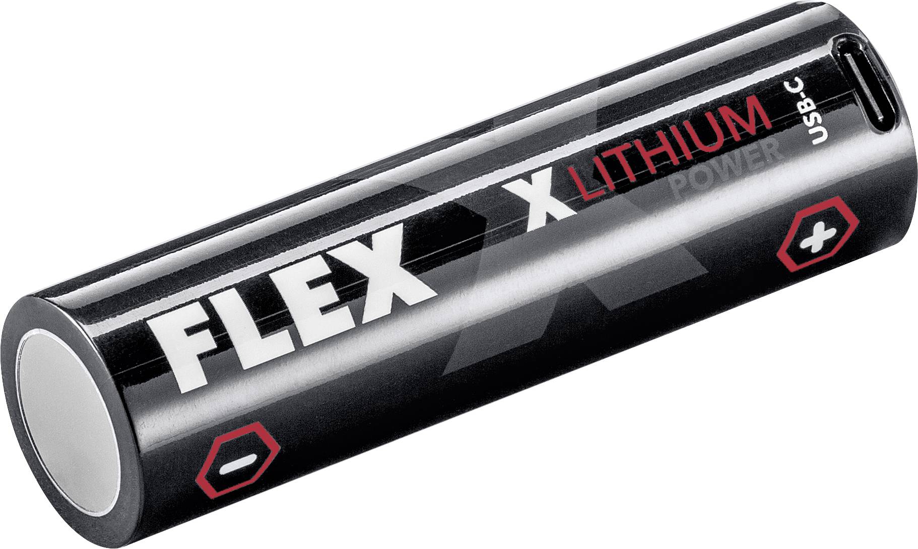 Black FLEX X lithium rechargeable battery pack with USB-C label, shown on a white background.
