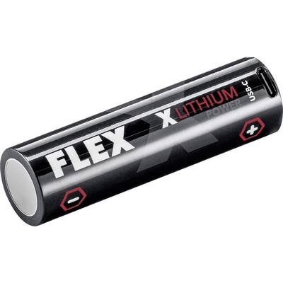 Black FLEX X lithium rechargeable battery pack with USB-C label, shown on a white background.