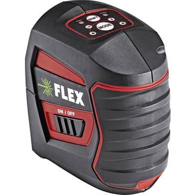 Black and red FLEX laser level with top control panel, side 'ON/OFF' switch, and ribbed front grip.