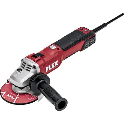 Red FLEX angle grinder with side handle and cutting disc, shown on a white background.