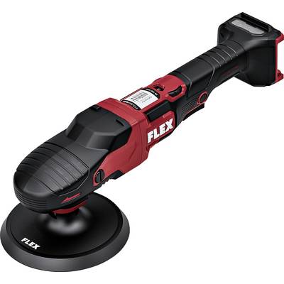 Cordless FLEX power polisher with black and red body and attached circular buffing pad on a white background.