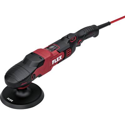 Corded red-and-black FLEX handheld polishing tool with a round black pad, shown on a white background.