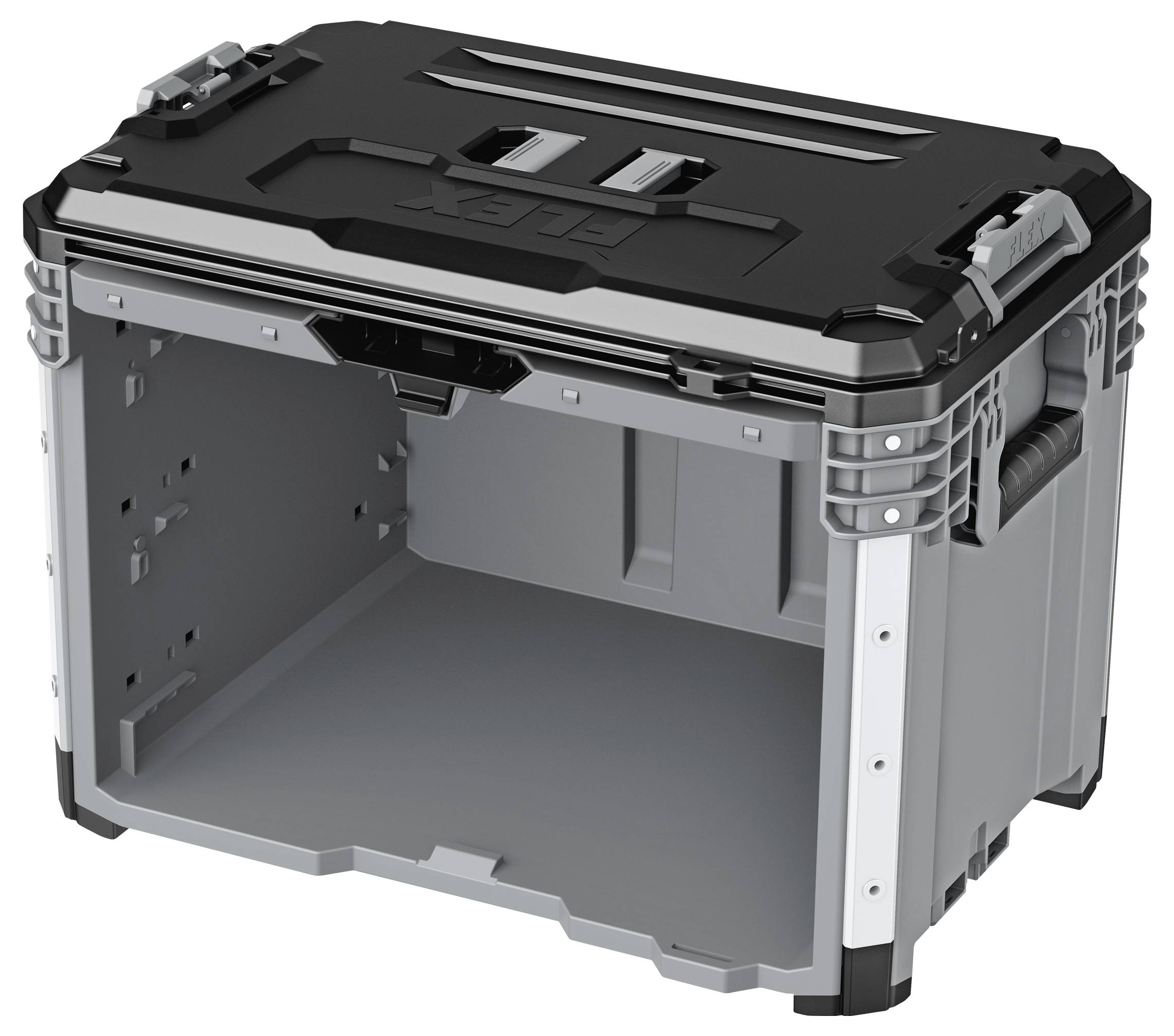 Open empty gray plastic storage crate with a black lid and reinforced corners, shown in three-quarter view.<br>
