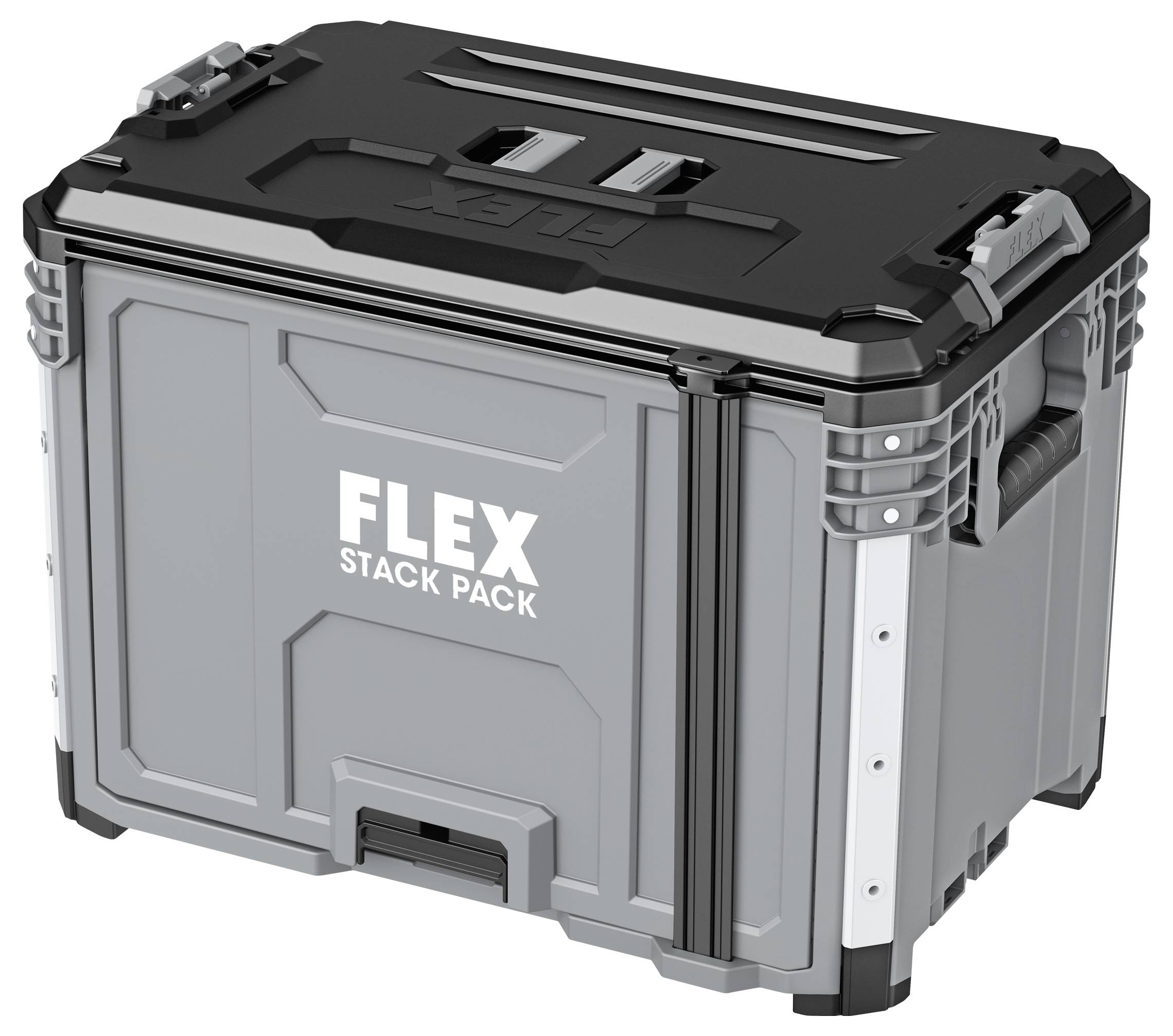 Gray FLEX STACK PACK modular tool storage box with black lid, shown in a product-style view.