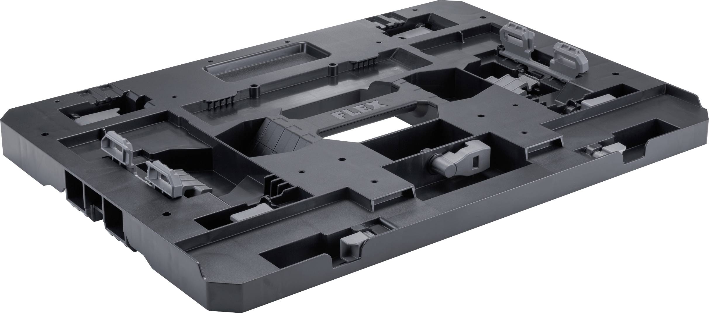 Black plastic equipment base tray with mounting clips and recessed openings, shown isolated on a white background.