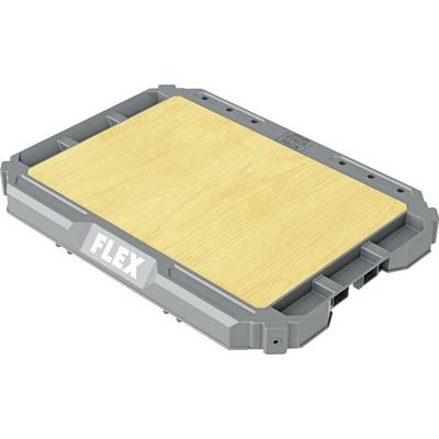 Gray plastic tray with a wood-grain top insert, branded 'FLEX', shown isolated on a white background.