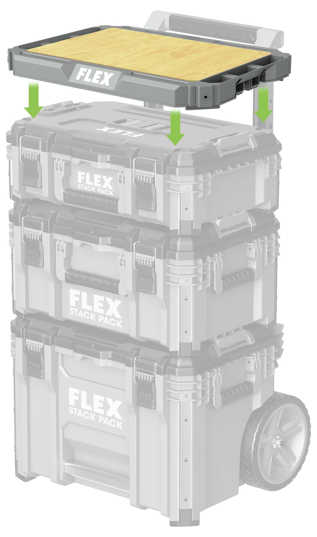 FLEX tool case lid or work surface shown attaching to the top of a stacked FLEX Stack Pack storage cart, with arrows indicating placement.
