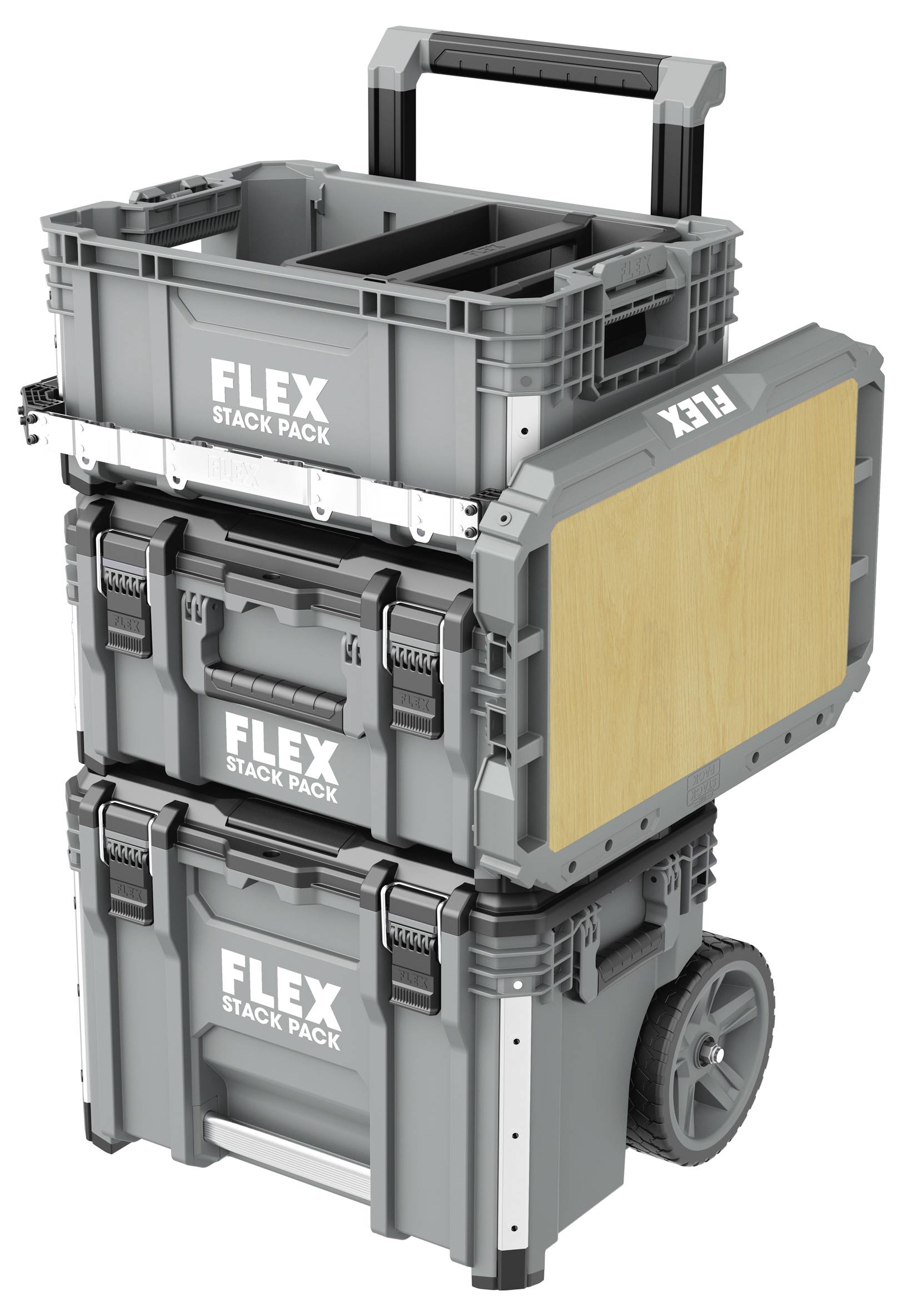Stacked FLEX Stack Pack toolboxes with a wheeled base, handle, and wood side panel, shown as a modular portable storage system.