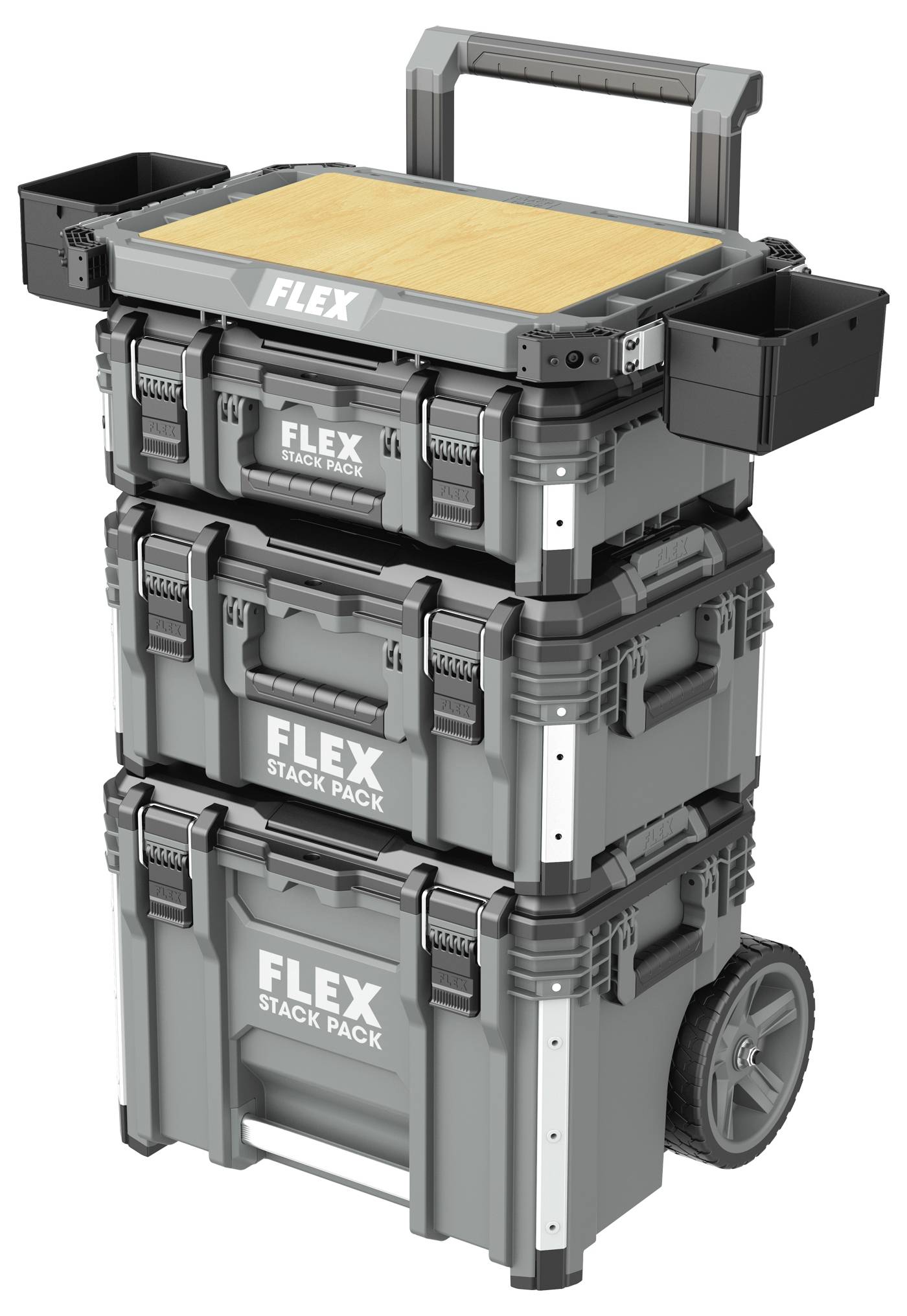Stacked FLEX Stack Pack tool storage cart with three gray bins, top work surface, side trays, handle, and wheels.