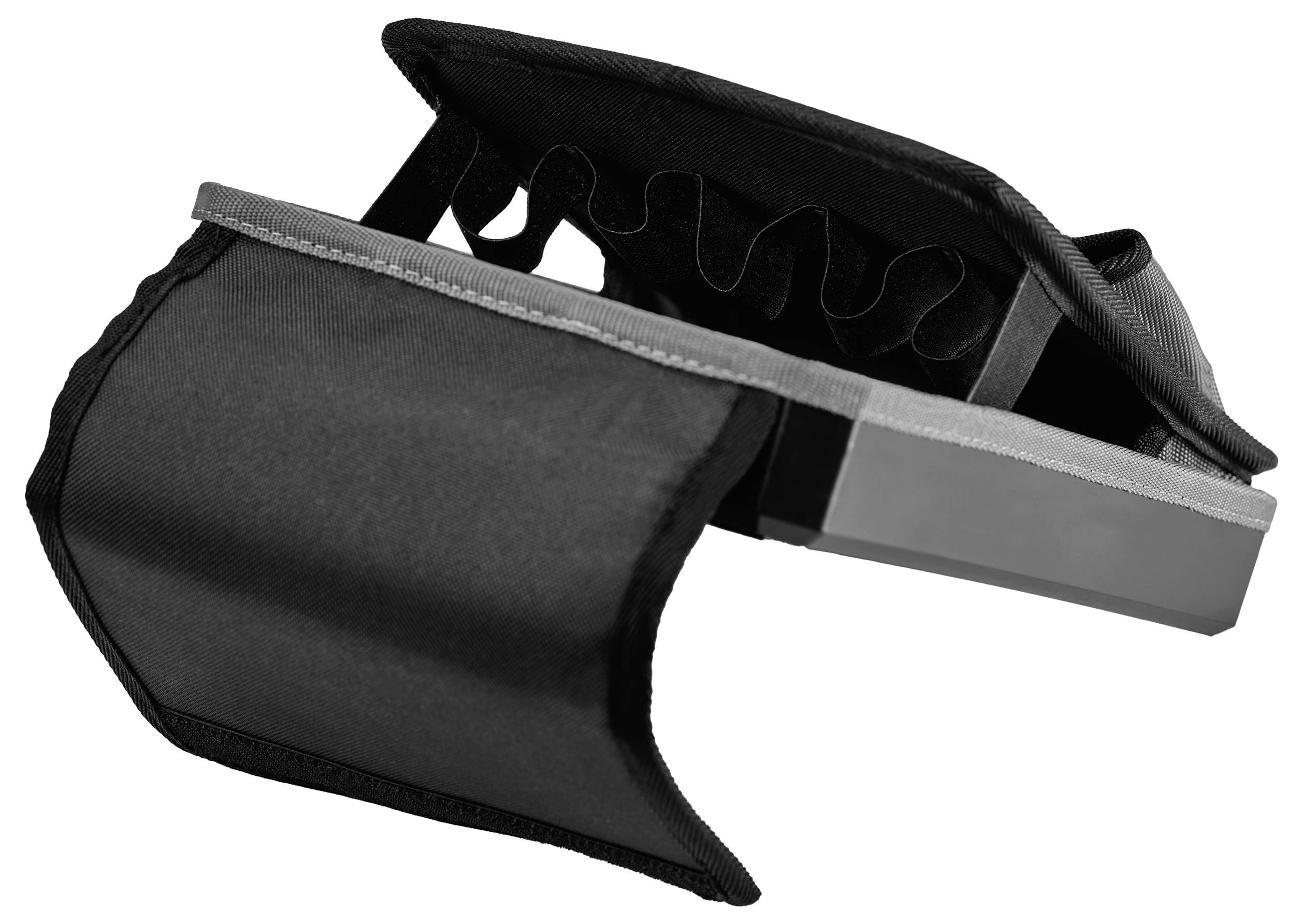 Black adjustable wrist/forearm brace with a rigid support, open top, and padded fabric sleeve on a white background.