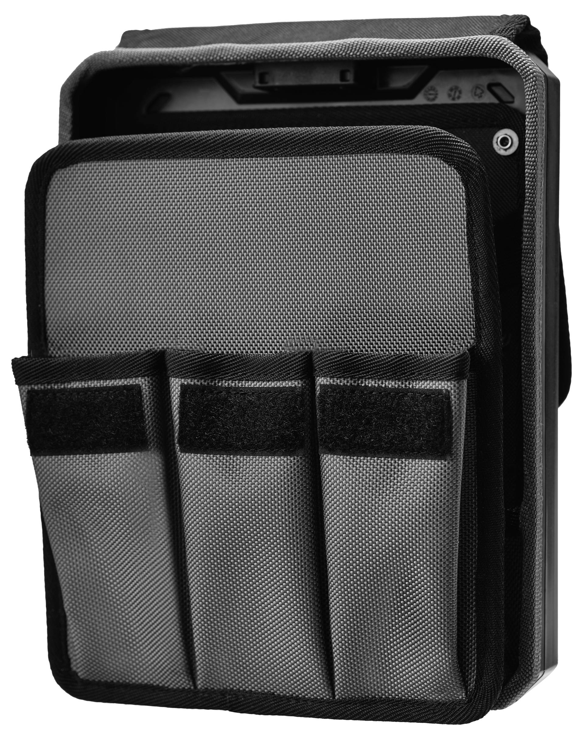 Black fabric tablet or document organizer with a front pocket holding three slim sections<br>