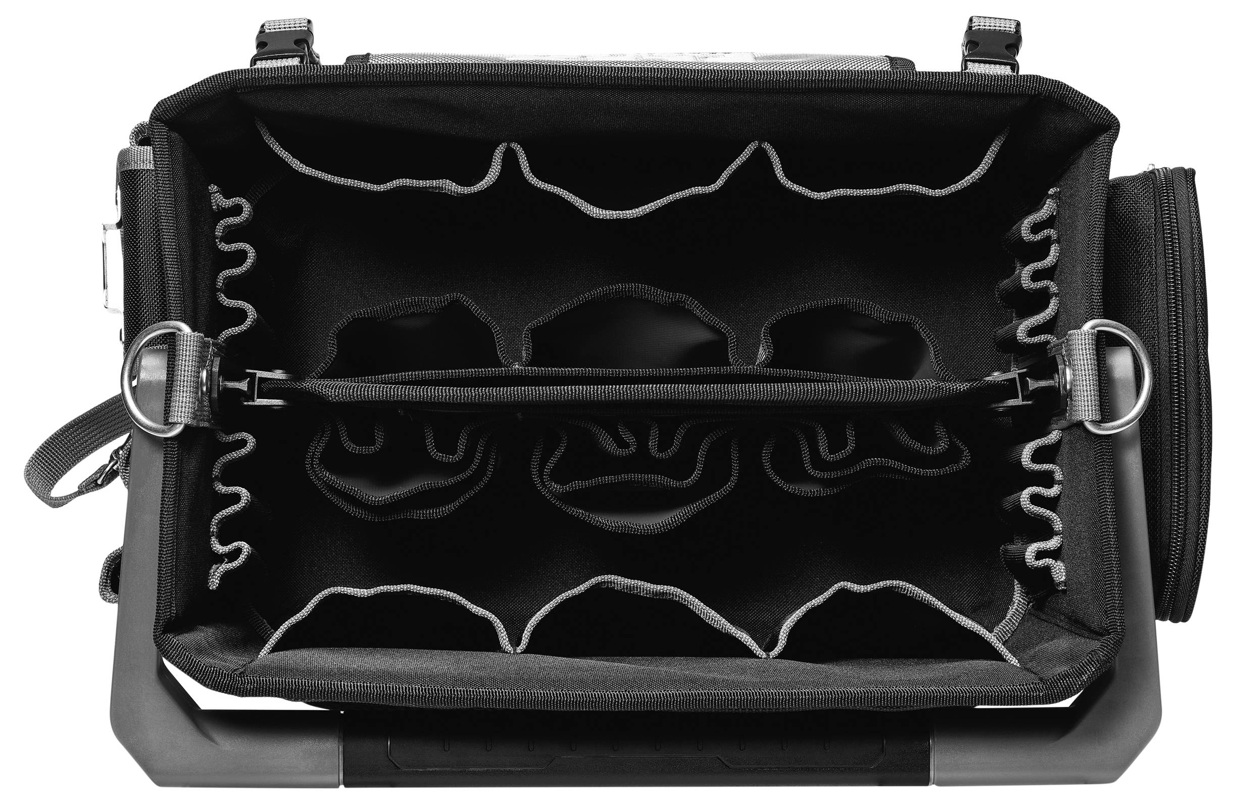 Open black padded equipment bag or case with multiple internal compartments and elastic loops, shown empty against a white background.