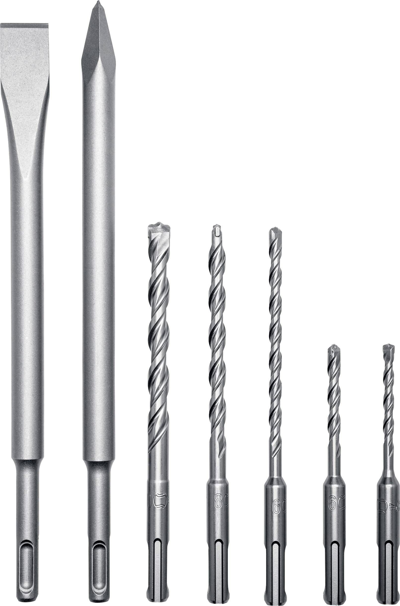 Set of seven metal drill and chisel bits of varying sizes and tip shapes displayed upright on a white background.