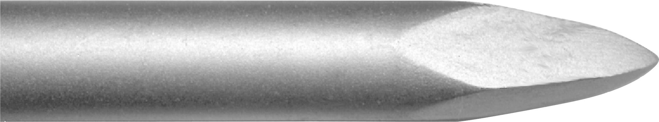 Close-up of a metallic bullet-shaped tip or drill bit, tapering to a pointed end on the right.