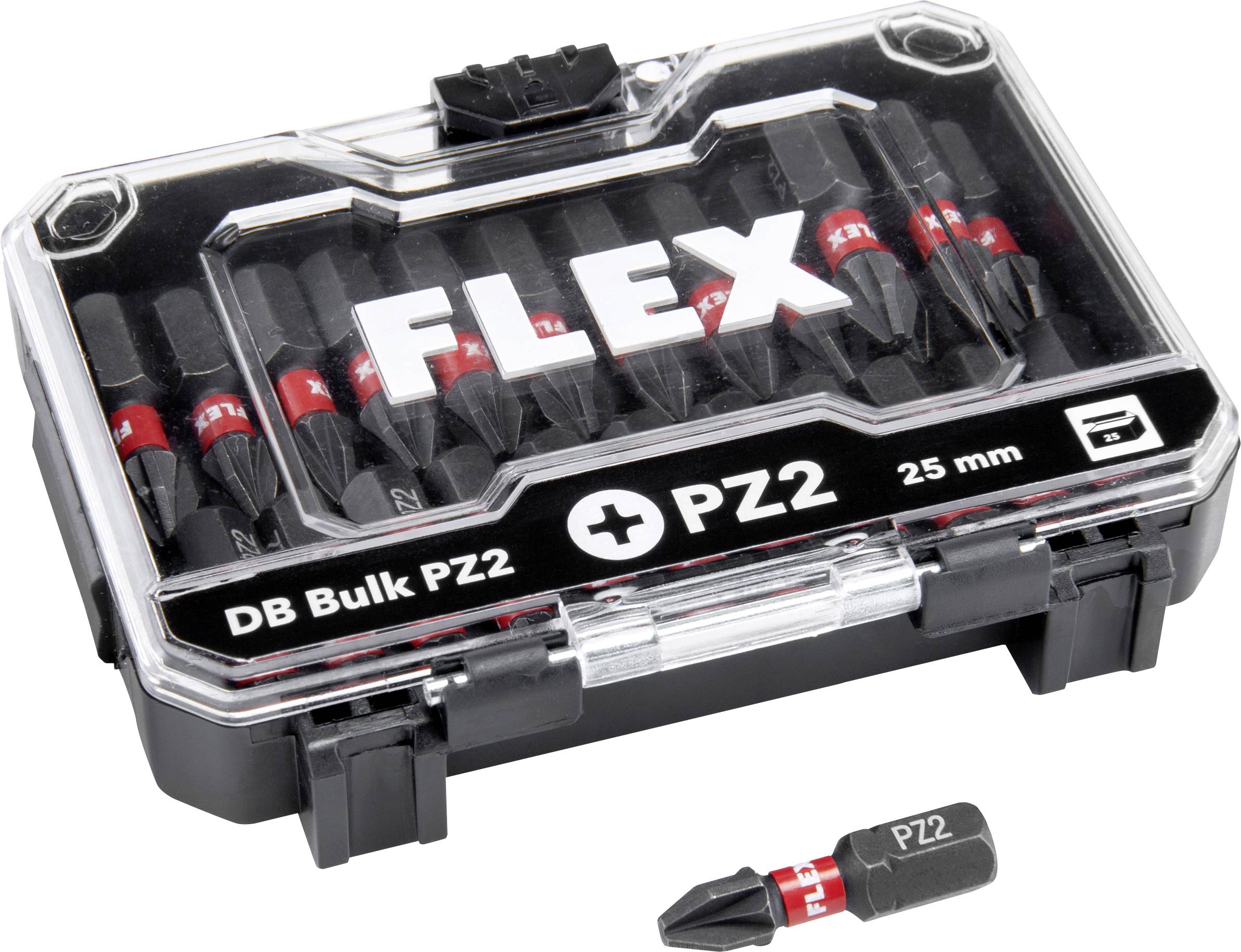 FLEX DB Bulk PZ2 25 mm screwdriver bit set in a clear plastic storage case, with one PZ2 bit shown outside the box.