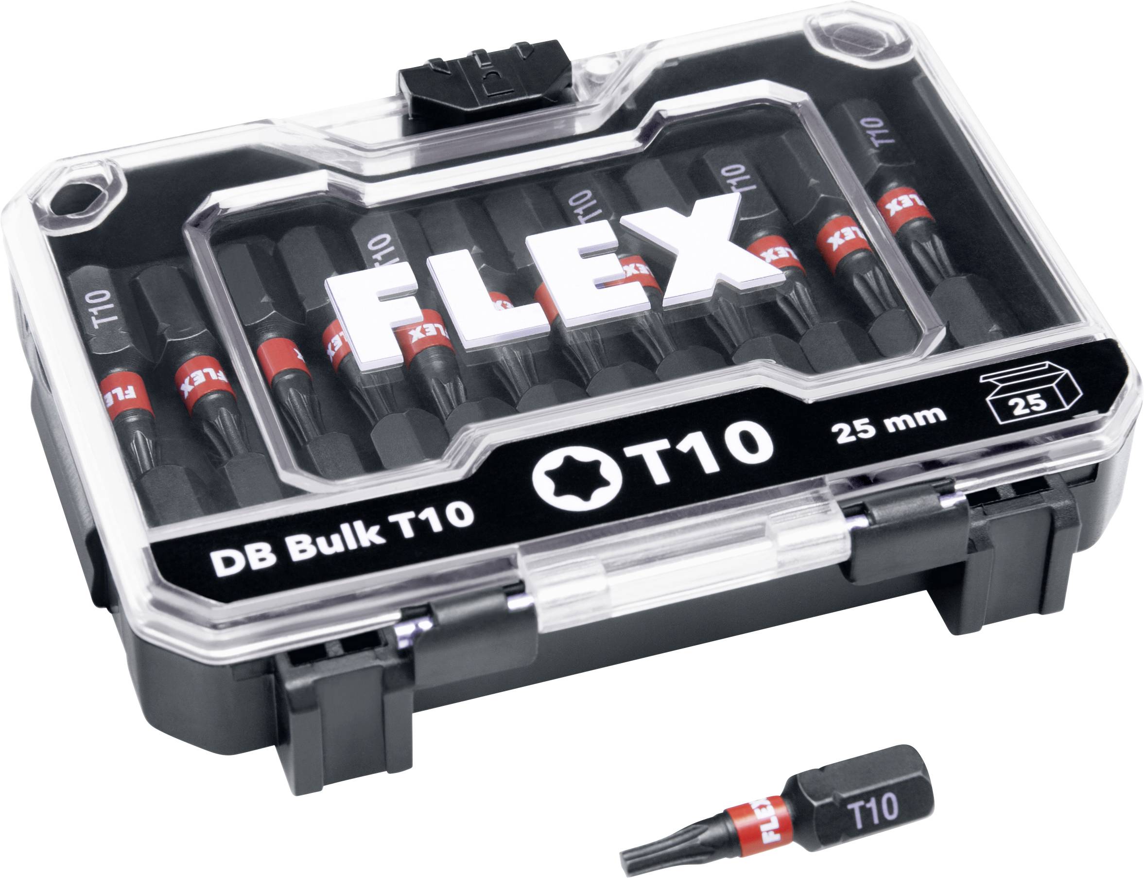 A T10 security Torx bit set in a clear plastic case labeled 'FLEX', 'DB Bulk T10', and '25 mm', with one bit shown outside the case.