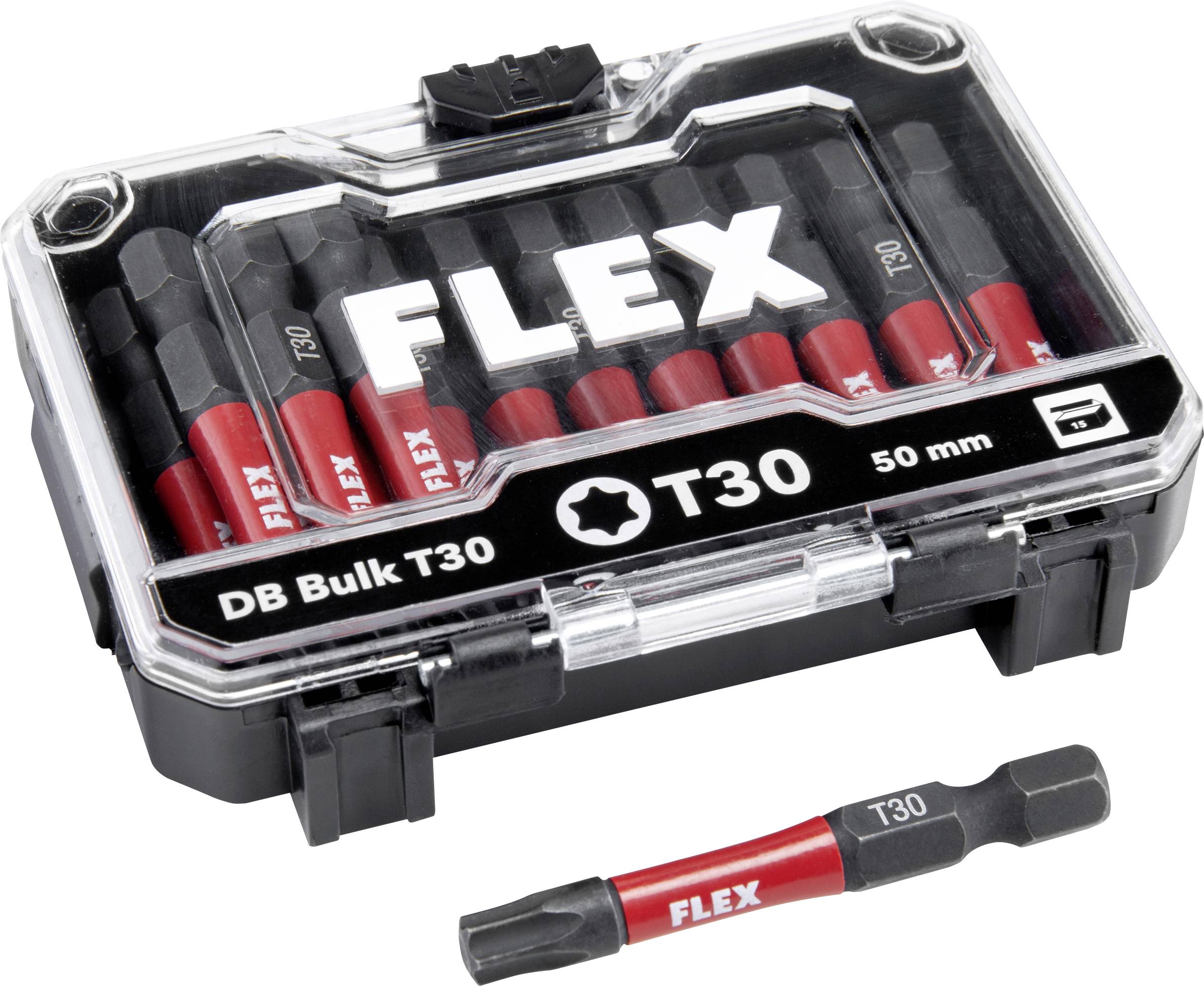 FLEX DB Bulk T30 50 mm Torx bit set in a clear storage case, with one T30 bit shown outside the case.