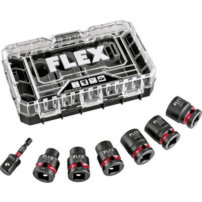 Flex tool accessory set with a clear storage case and several black socket adapters, including a drill adapter and impact sockets.