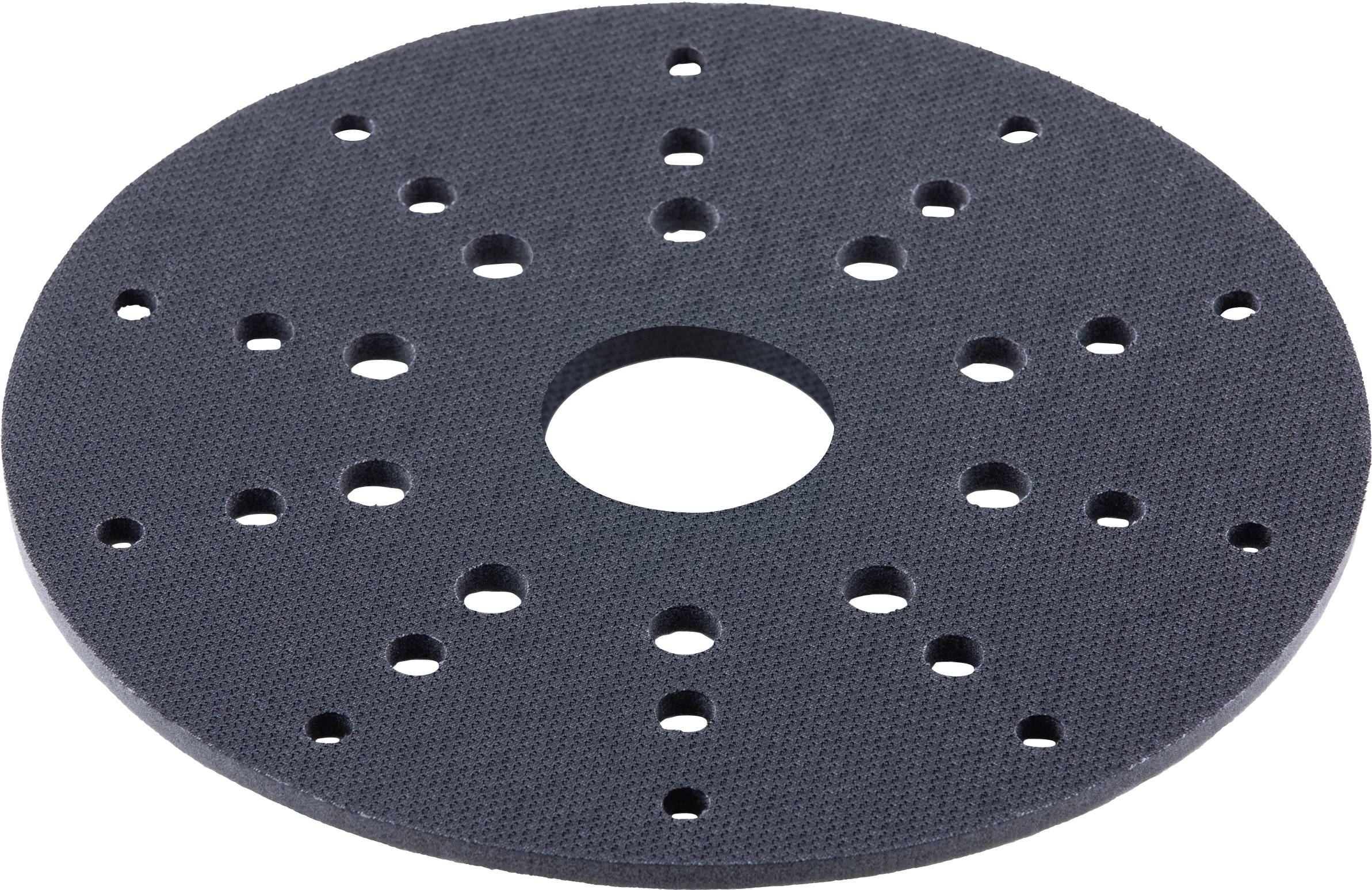 Round black sanding pad with a center hole and evenly spaced perforations for dust extraction.<br>
