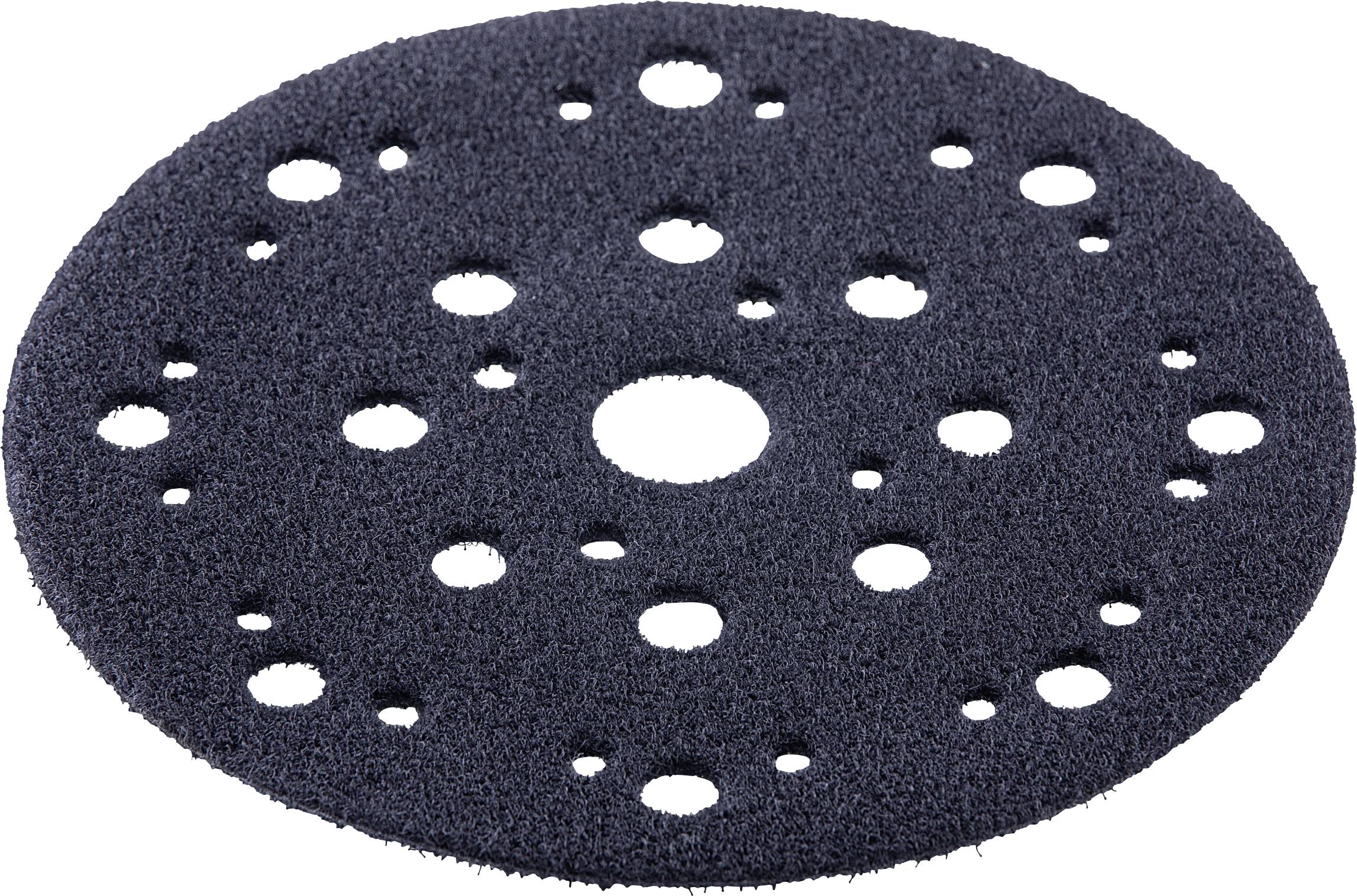Round black abrasive sanding disc with multiple dust-extraction holes and a center hole on a white background.
