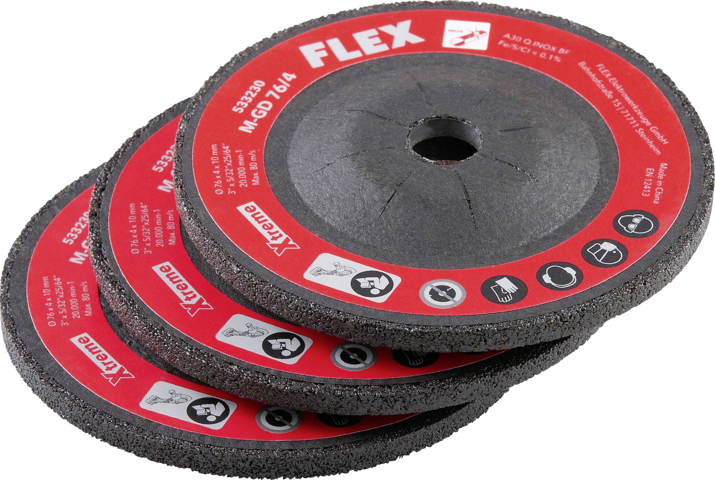 Three stacked FLEX abrasive cutting discs with center holes, shown on a white background.<br>