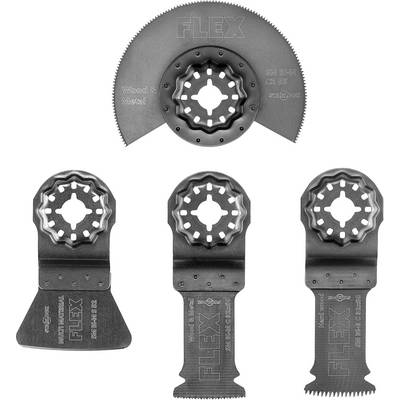 Product photo of FLEX oscillating tool blades: one semicircular saw blade and three different scraper/knife attachments for wood and metal.