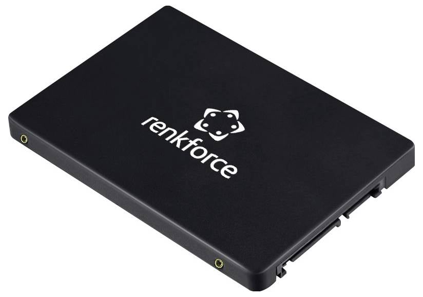 Black Renkforce external storage drive or enclosure shown in angled product view on a white background.
