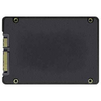 Black solid-state drive shown front view with gold connector pins on the left and four mounting holes on the corners.