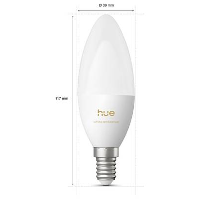 White Hue Ambiance LED bulb, shown front view with dimensions labeled 117 mm tall and 39 mm wide.