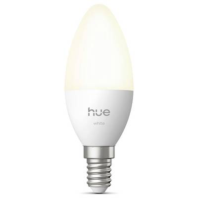Photo of a white HUE light bulb labeled 'white' on a plain background.