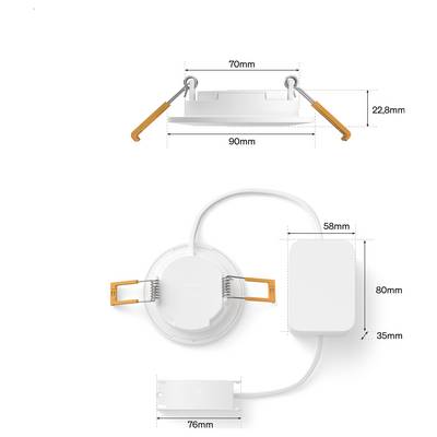 Diagram of a round LED downlight with separate driver, showing installation dimensions: 90mm wide, 22.8mm deep, 70mm mounting span, and driver size 58 x 80 x 35mm.