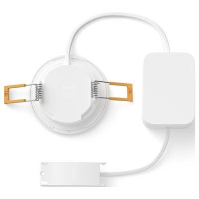 White Philips Hue recessed light with orange spring clips, connected by white cable to a rectangular driver box.