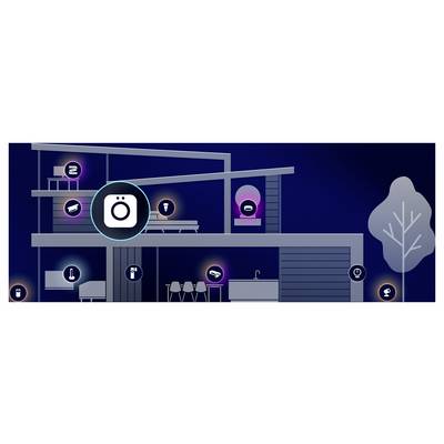 Stylized smart home cross-section at night showing connected appliances and sensors in different rooms with glowing icons indicating IoT control and automation.