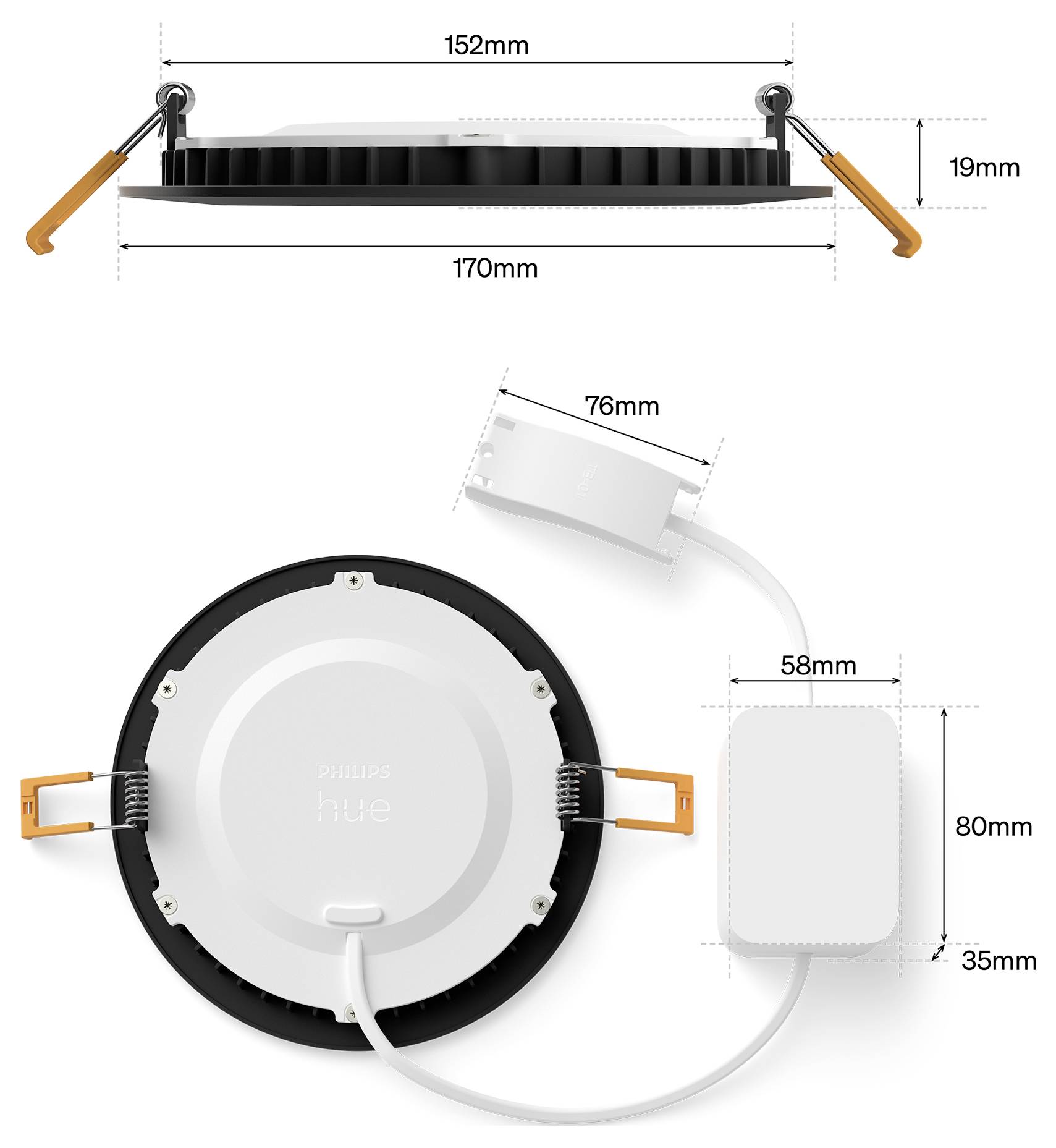 Diagram of a round Philips Hue recessed light with remote driver, showing installation dimensions: 170mm diameter, 19mm depth, 76mm cutout, and driver size 58 x 80 x 35mm.
