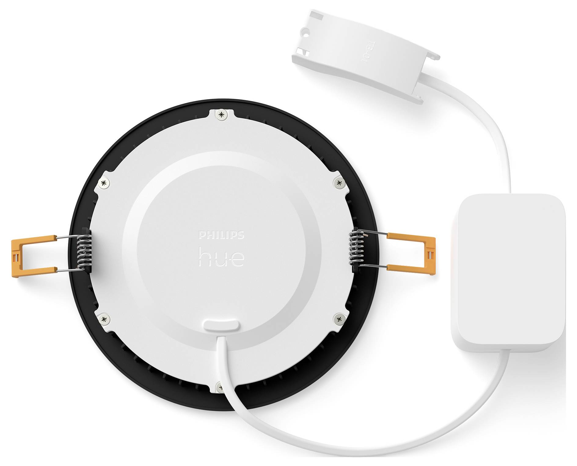 Round Philips Hue recessed smart light with attached driver box, cable, and mounting clips on a white background.