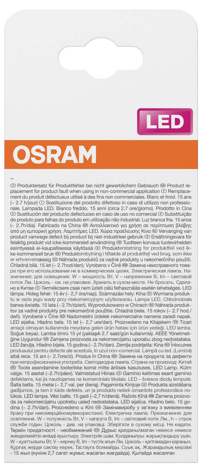OSRAM LED product package with orange brand band and pink 'LED' label, shown on a white retail hanging card with dense multilingual product text.