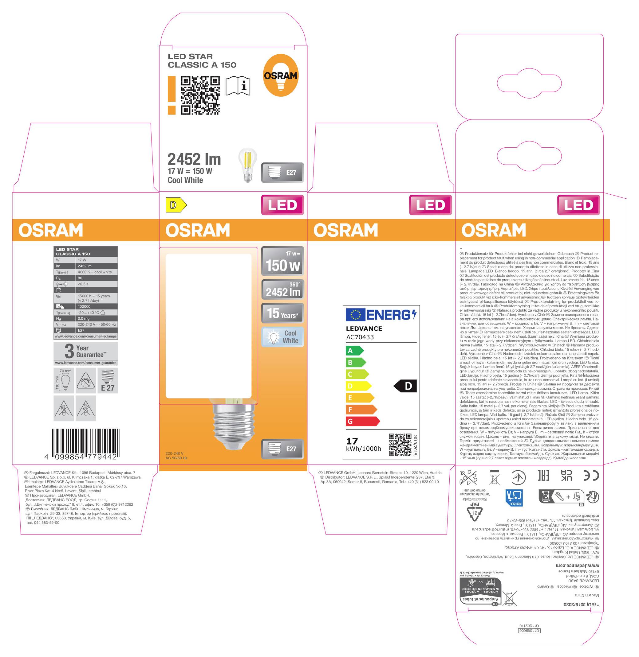 OSRAM LED bulb packaging dieline showing box panels, product photo, wattage and luminous flux labels, energy rating, barcode, and instructions text.