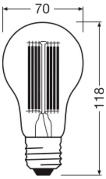 Technical drawing of a light bulb with internal filament detail and dimensions labeled 70 mm wide and 118 mm tall.<br>