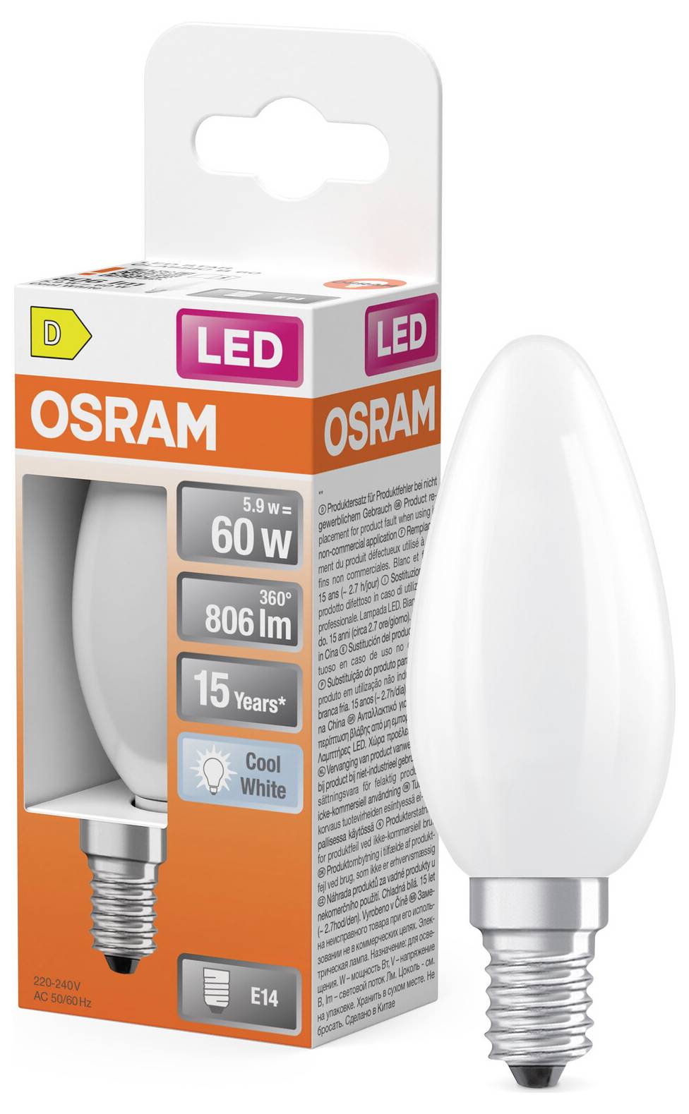 OSRAM LED candle light bulb in packaging, labeled 5.9 W, 60 W equivalent, 806 lm, 15 years, cool white, E14 base.