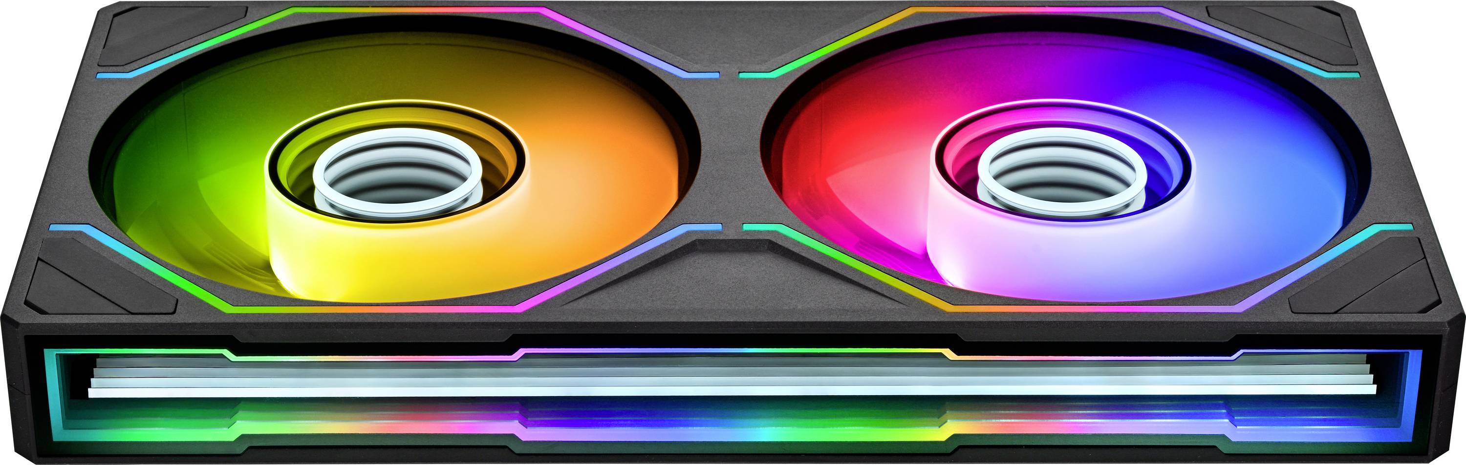 Dual RGB PC cooling fans with rainbow lighting and a front light strip on a black case panel.