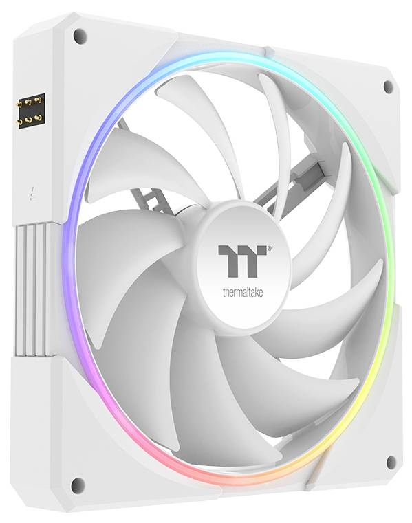 White Thermaltake PC case fan with a rainbow RGB light ring around the blades and the Thermaltake logo on the hub.