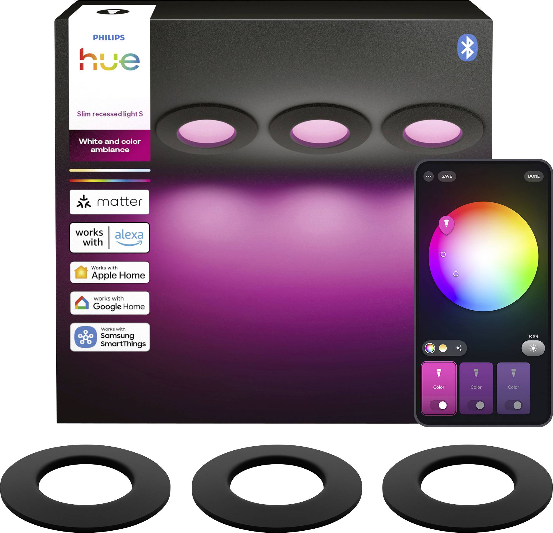 Philips Hue Slim recessed lights package with three black round lights, Bluetooth, and app-controlled white and color ambiance; compatible with Matter, Alexa, Apple Home, Google Home, and SmartThings.