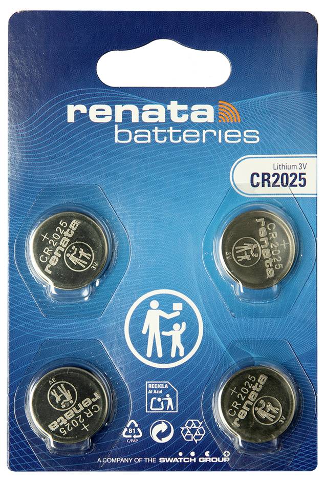 Renata Batteries blister pack with four CR2025 lithium 3V coin batteries and child-safety warning symbol.