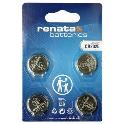 Renata Batteries blister pack with four CR2025 lithium 3V coin batteries and child-safety warning symbol.