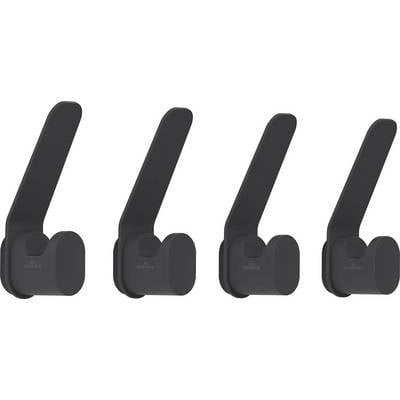 Four black magnetic door latches arranged in a row, shown from slightly different angles to compare their shape and design.