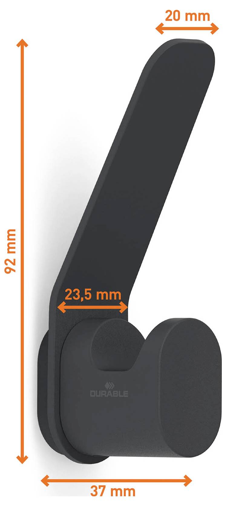 Black wall-mounted hook or hanger with a long angled arm and round knob, shown with dimensions 92 mm high, 37 mm wide, 20 mm top width, and 23.5 mm base width.