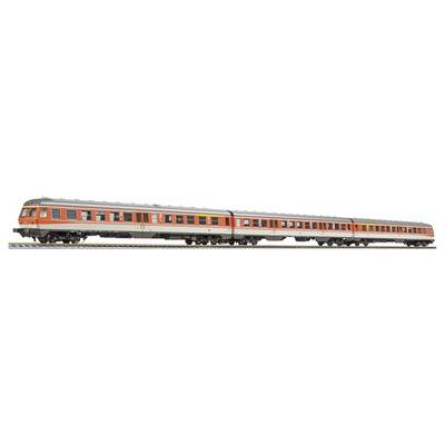 Side view of an orange and gray passenger train car with multiple windows, shown isolated on a white background.